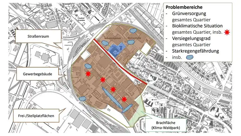 Kartendarstellung des Gewerbegebiets Riedemann-Reiher-Straße mit Symbolen für die Betroffenheit von Starkregen und Hitze sowie Versiegelungsgrad und Grünversorgung 