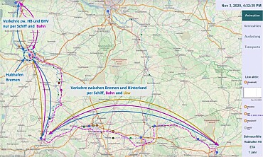 Screenshot der Animation des Simulationsmodells mit einem Inland-Hub in Bremen.