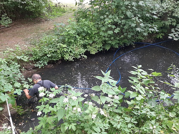 Verlegung der Belüftungsschläuche durch einen verrohrten Grabenabschnitt hin zum Teich im Wolfskuhlenpark