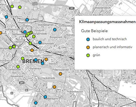 Karte von Bremen mit Punkten, wo Gute Bespiele verortet sind.