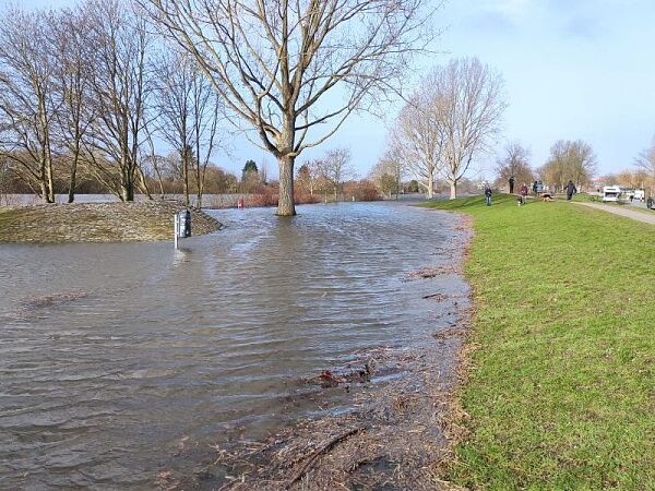 Foto vom Fluss Weser, der einen hohen Wasserstand an einem kleinen Deich hat.