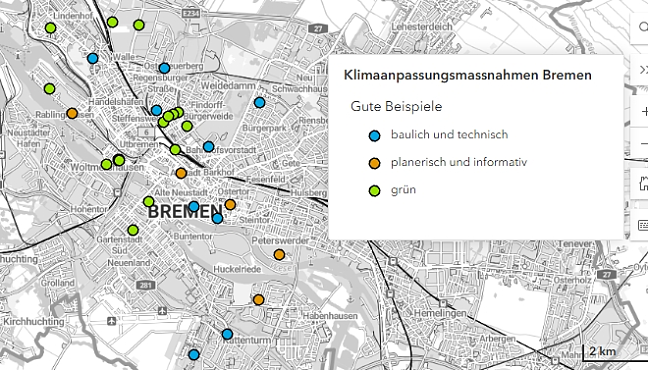 Stadtplan mit bunten Punkten, die Beispiele markieren