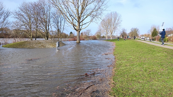 Foto vom Fluss Weser, der einen hohen Wasserstand an einem kleinen Deich hat.