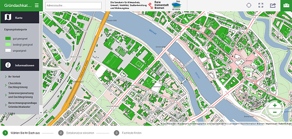 Bildschirmfoto der GIS-Anwendung Gründachkataster