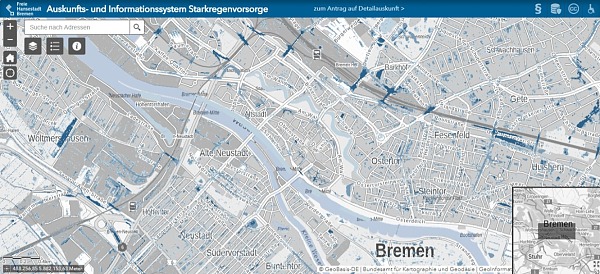 Das Bild zeigt eine Aufnahme aus dem Starkregenvorsorgeportal