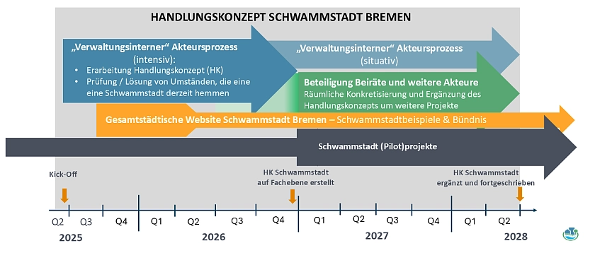 Pfeile zeigen die Zeiträume innerhalb des Erarbeitungsprozesses des Handlungskonzepts Schwammstadt an