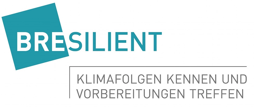 Logo des Projekts BREsilient mit dem Schriftzug: Klimafolgen kennen, Vorbereitungen treffen