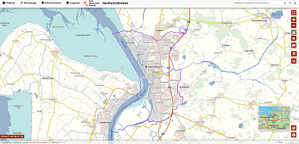 Bildschirmfoto des Geo-Portals. Ansicht Bremerhaven Stadtgebiet.